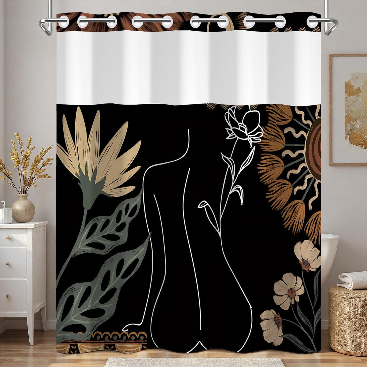 Abstract Boho Shower Curtain with Snap in Liner & Mesh Top Window (Abstract-3)