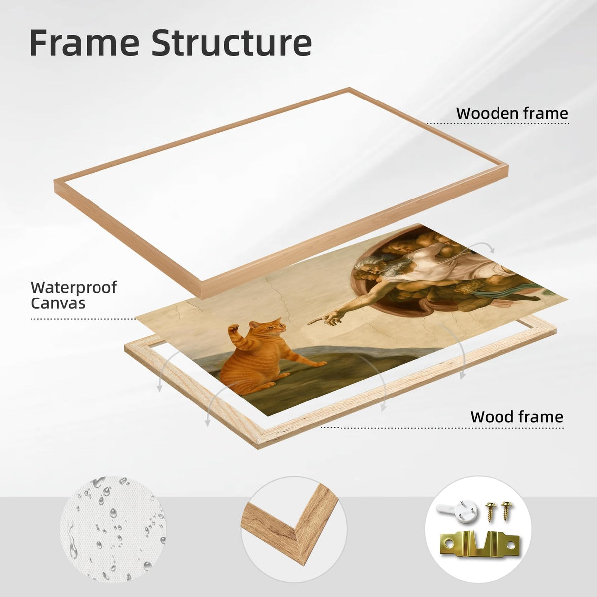Framed Funny Cat Creation of Adam Canvas Wall Art Classic Renaissance Parody Poster Painting Prints Humorous God and Animal Paw Picture Artwork for Home Bedroom Decor Pet Lover 8x12inch (8"L x 12"W / Cat - Wood Frame)