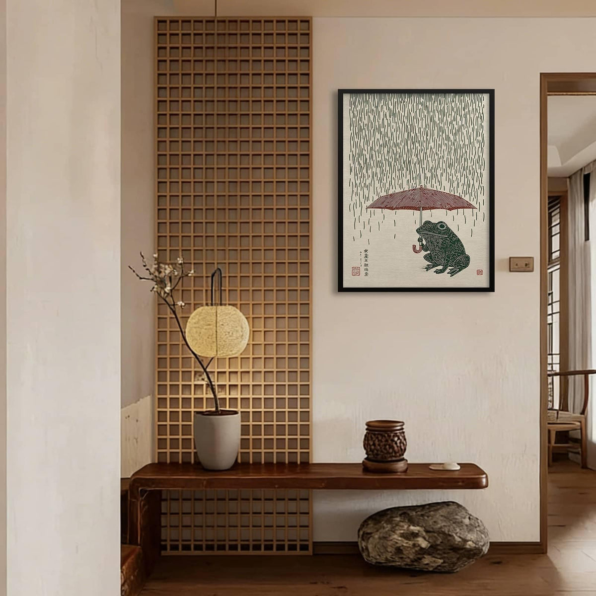 Black Framed Vintage Japanese Wall Art 24x36in Whimsical Frog with Umbrella Poster Cute Japan Animal Picture Painting Minimalist Asia Aesthetic Prints for Living Room Bedroom Office Ready to hang (Black Framed / Japanese Frog Poster / 36"L x 24"W)
