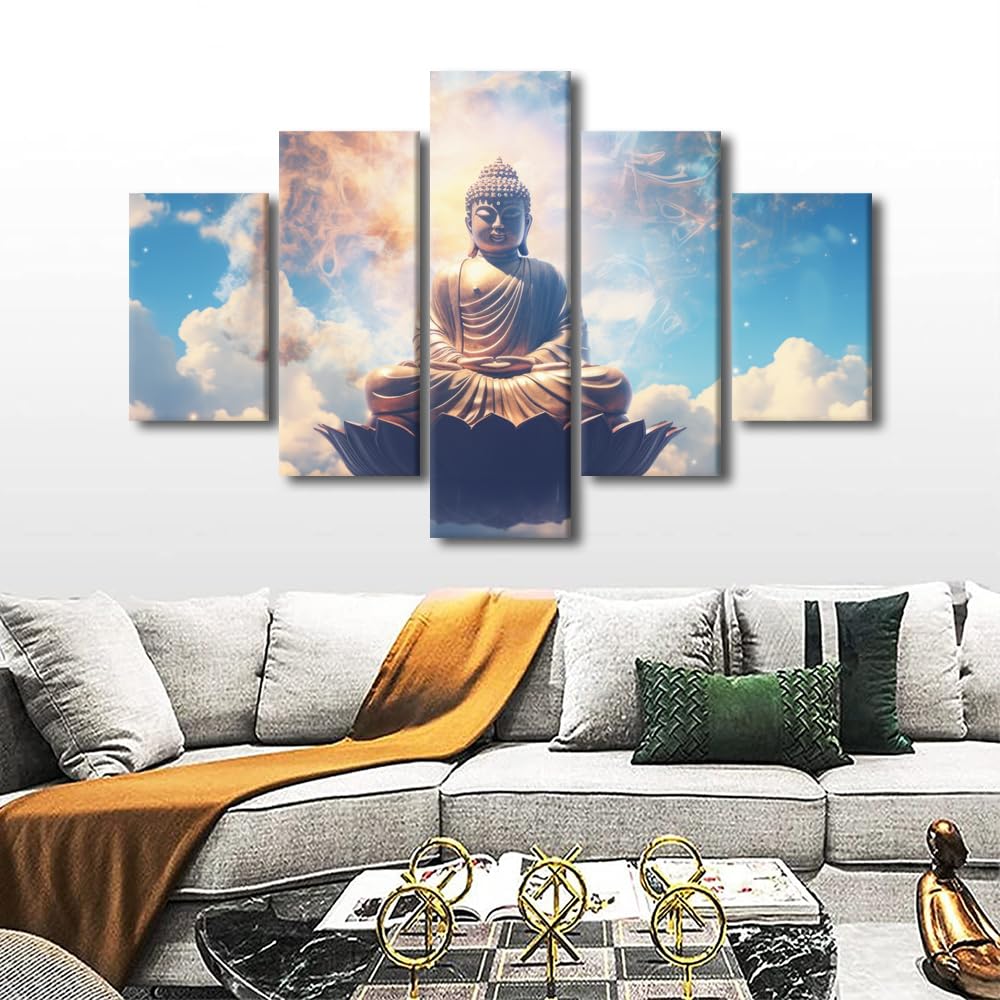 Buddhism Canvas Wall Art Modern Wall Art for Home Decor Buddha Statue Sky Poster Prints on Canvas 5 Panel Religious Artwork Printing for Living Room Decor Stretched and Framed Ready to Hang 60x40 in (60x40 in / 5PANEL-20)