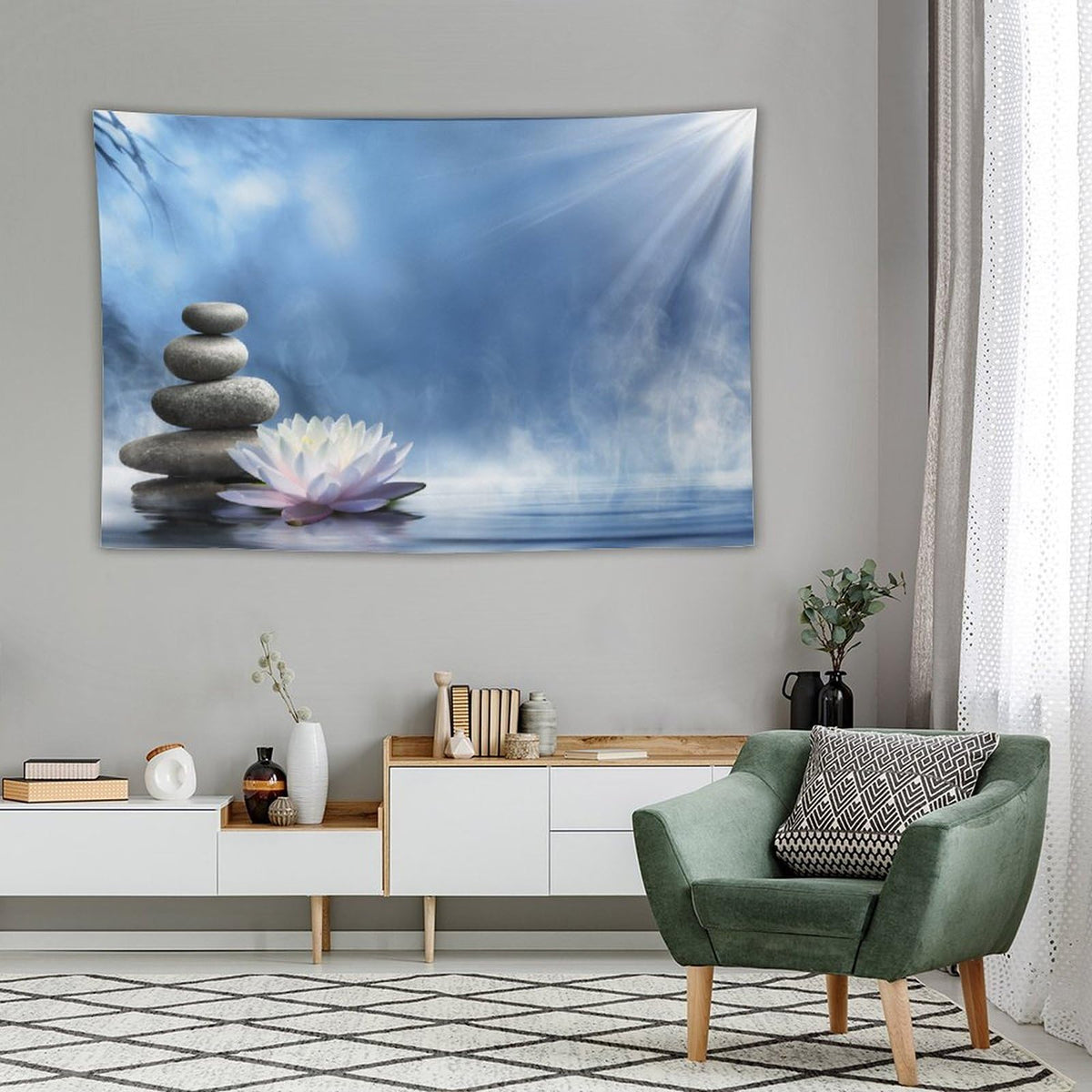 Japanese Spa Zen Tapestry Wall Hanging Stone Lotus Flower Relaxing Meditation Tapestries Home Decor for Living Room Bedroom Farmhouse Kitchen Dorm 60"x90" (60"L x 90"W / Zen-11)