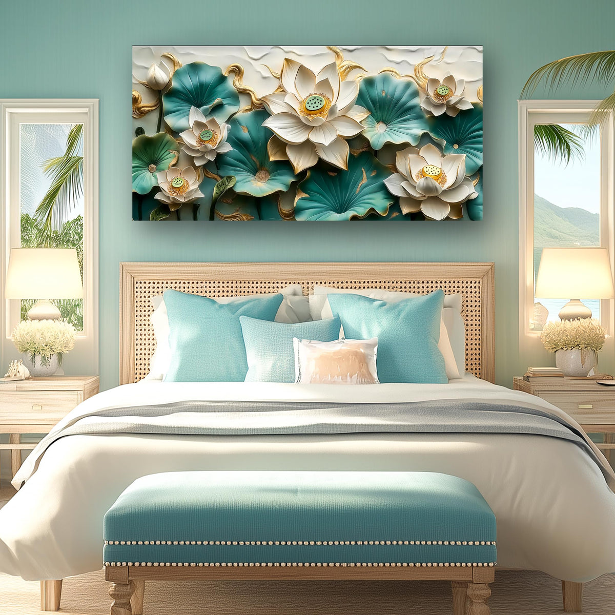 Flower Landscape Pictures Canvas Wall Art for Living Room Bedroom Wall Decor Green and White Modern Painting Nature Themed Home Decor Artwork Wooden Inner Frame 20x40 Inches (40"L x 20"W / Green and white lotus flower)