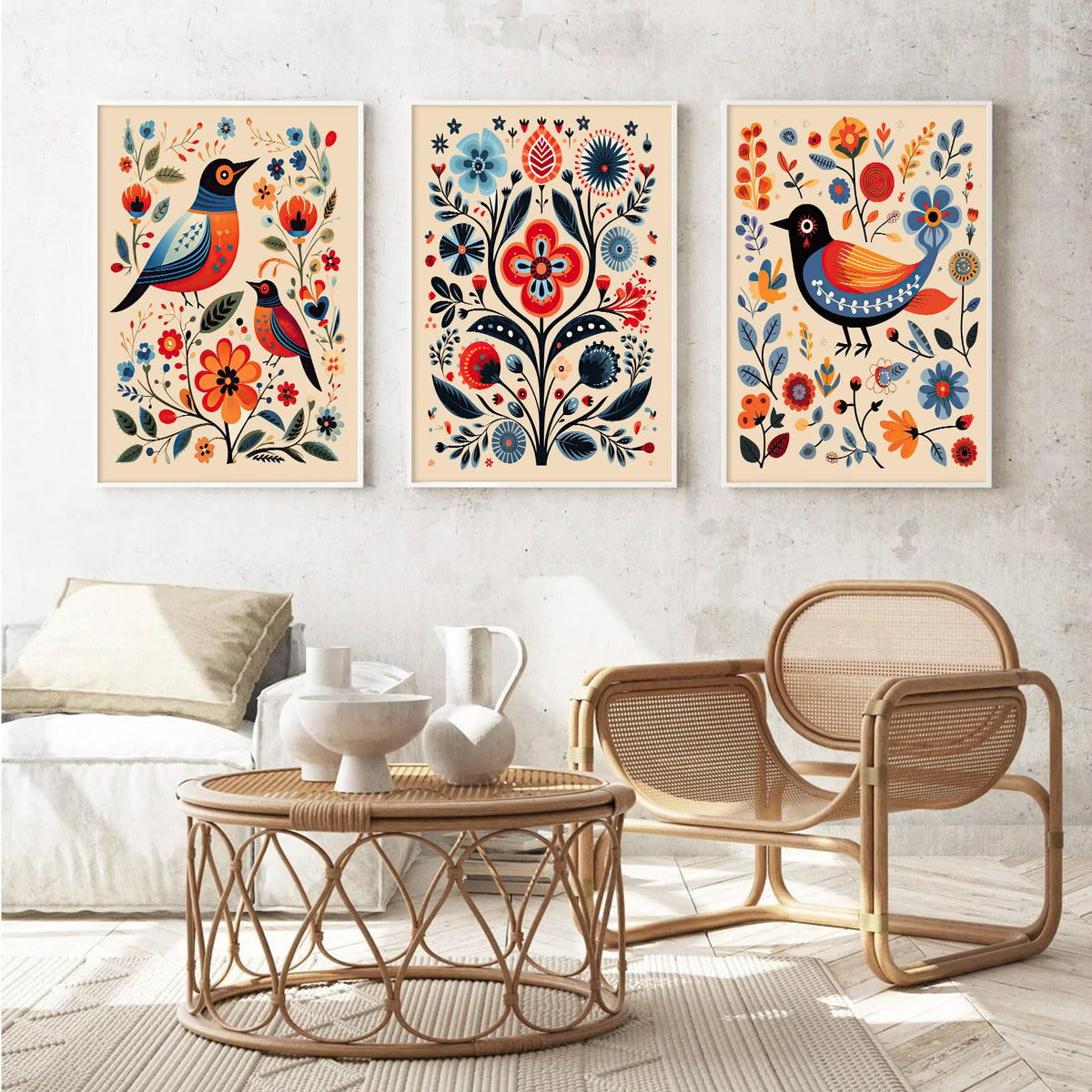 Scandinavian Folk Wall Art Nodic Flower Canvas Wall Decor Norwegian Wall Art Poster Swedish Antique Wall Decor Pictures Floral Bird Prints Vintage Poster for Home Kitchen 24x36x3 Inch Unframed (Unframed / Colorful Flower Prints Art / 36"L x 24"W)