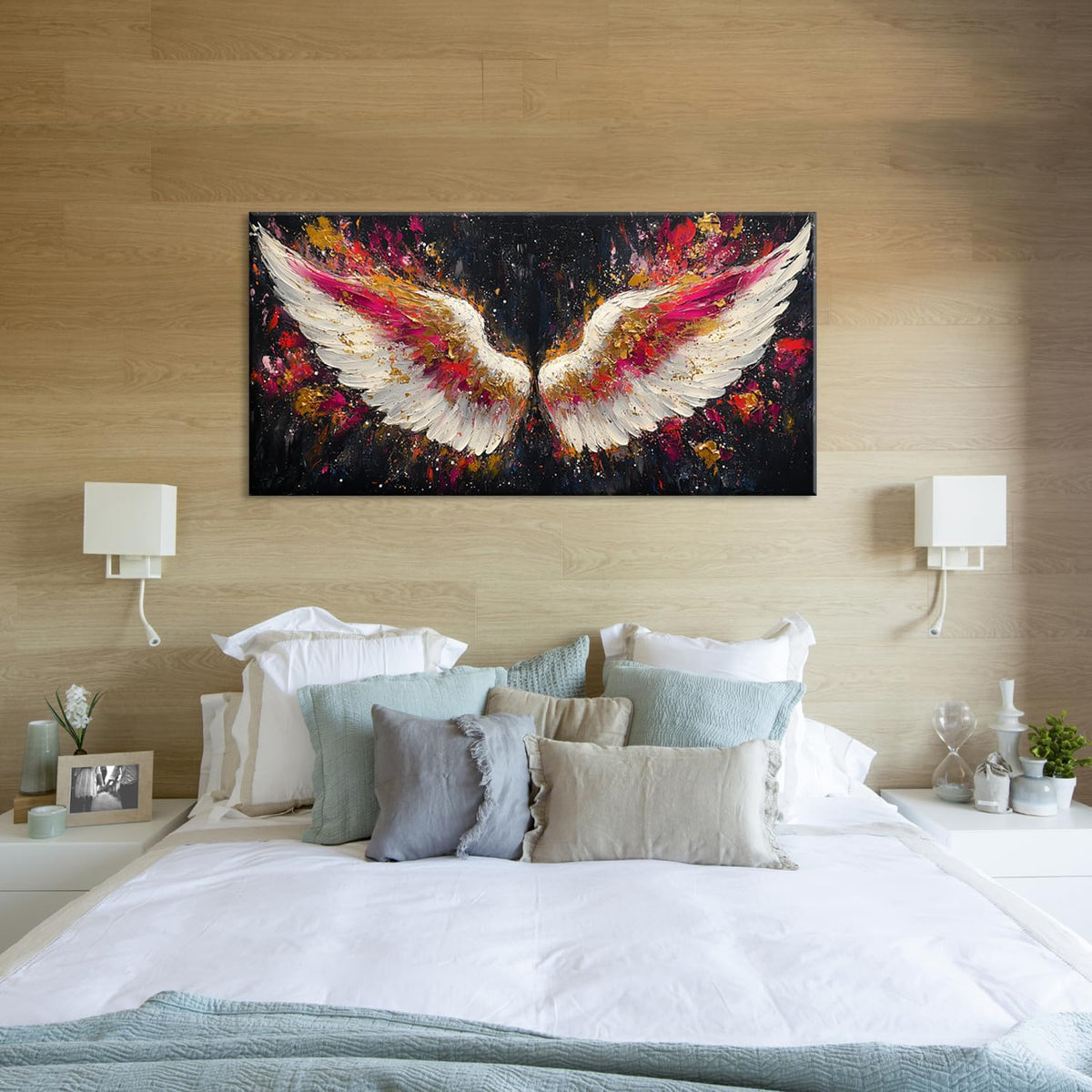 Multicolor Angel Wings Wall Art for Living Room Office Divine Inspiration Splatter Paint Art Painting Prints Contemporary Canvas Artwork Dining Bedroom Decor Extra Large (Contemporary / White Gold Red Angel Wings Wall Art / 58L" x 28W")