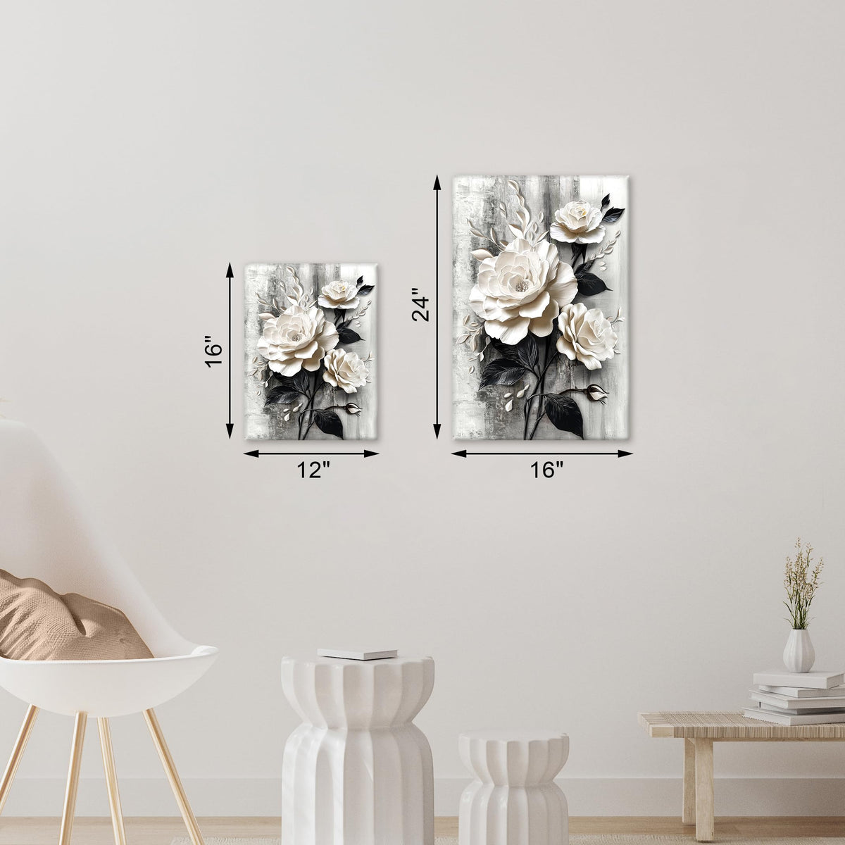 Elegant Rose Canvas Wall Art Print Modern White and Black Floral Picture Poster Abstract Blooming Flowers Painting Vintage Artwork for Living Room Bedroom Bathroom Office 12x16in (White Roses / 16"L x 12"W)