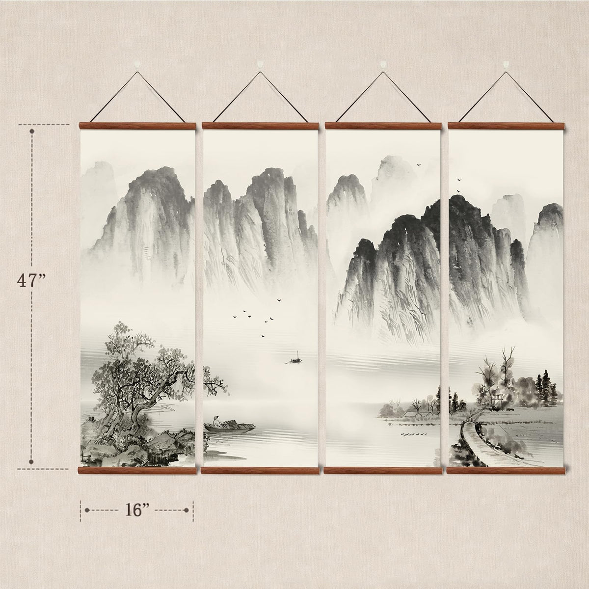 Chinese Ancient Landscape Scroll Wall Art (16”x47”x4piece / landscape-BW)