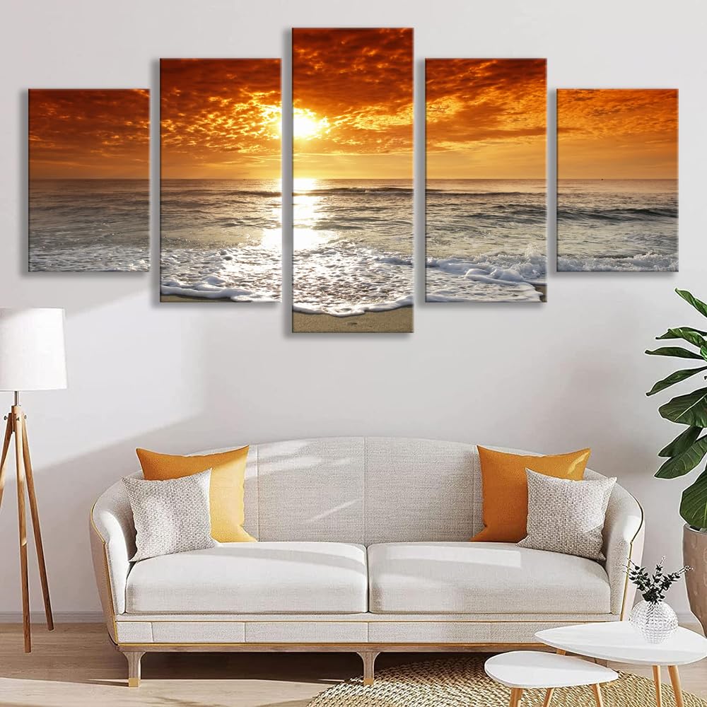 Grand Sight Extra Large 5 Panels Modern Landscape Artwork Seascape Giclee Canvas Prints Sea Beach Pictures to Photo Paintings on Canvas Wall Art for Home Decorations Wall Decor (16x24inchx2,16x32inchx2,16x40x1 / Artwork7)