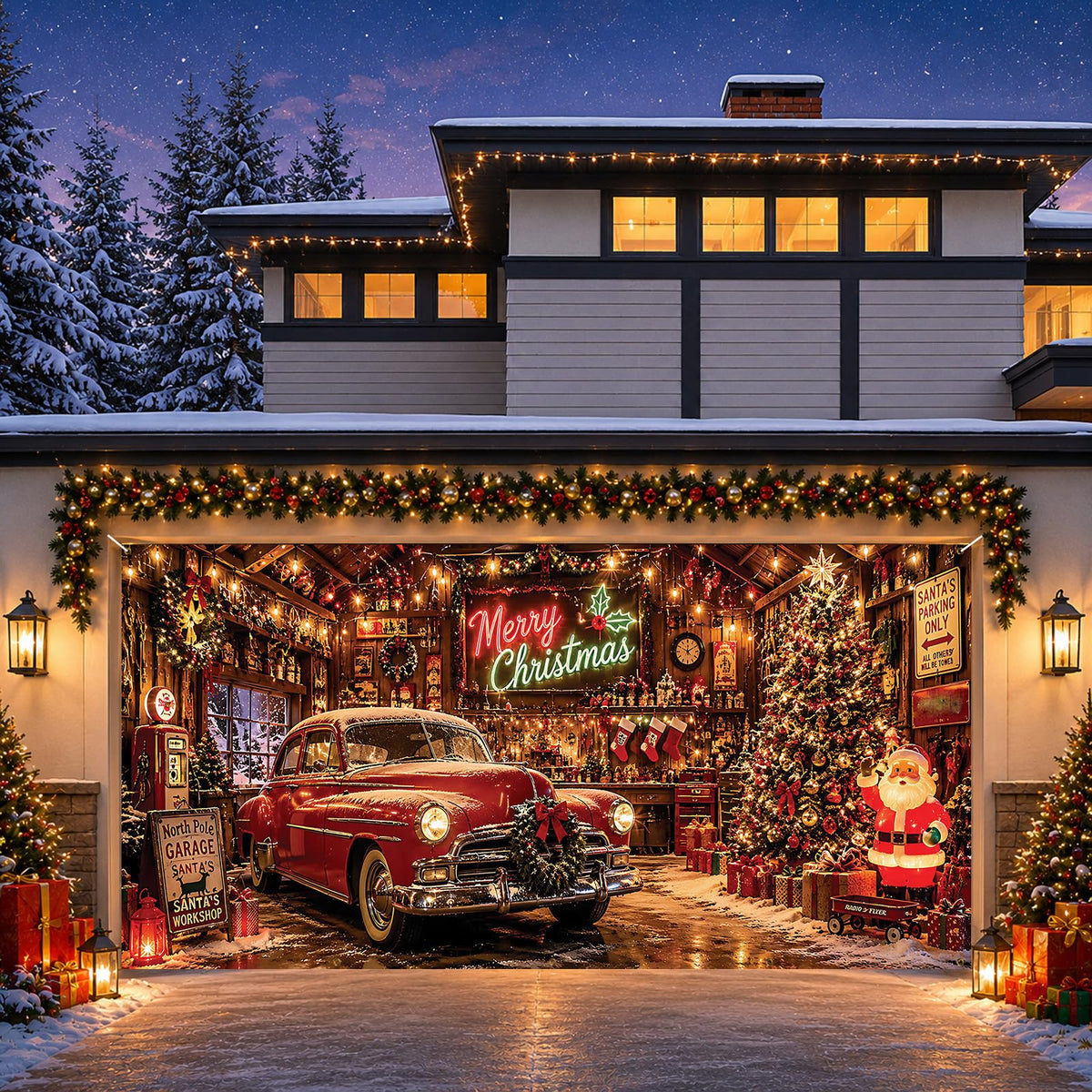 Christmas Nostalgic Garage Door Cover Banner Vintage Car Xmas Backdrop (Christmas Car)