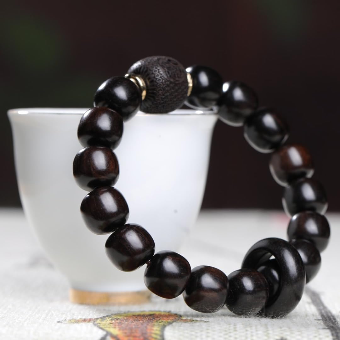 Unisex Natural Ebony Buddhist Prayer Bead Necklace Bracelet Tibetan Prayer Mala Beaded Black (11mmx12mm 16barrel beads)
