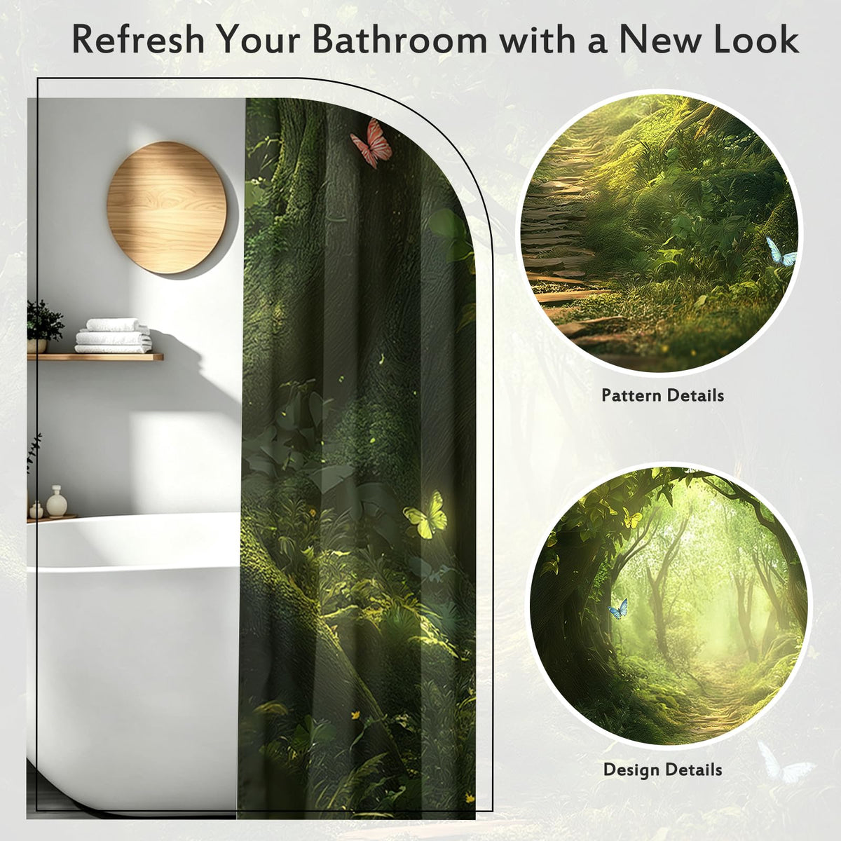 Enchanted Forest Shower Curtain Magical Woodland Path Sun Rays Butterfly Wildflower Garden Aesthetic Fantasy Bathroom Decor Bathtub Curtain Fabric Shower Curtain Set with 12 Hooks (Enchanted Forest Path / 72"W x 72"L (Pack of 1))