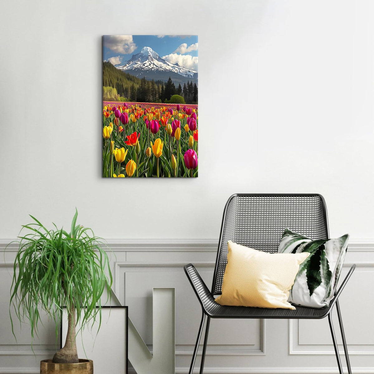 Yellow Tulips Flower Wall Art Mountain Landscape Wall Decor Colorful Flowers Field Canvas Prints Nature Forest Pictures Mt Hood Mountains Scenic Artwork for Office Bedroom Home Decoration 16x24" (24"L x 16"W / YellowTulips)