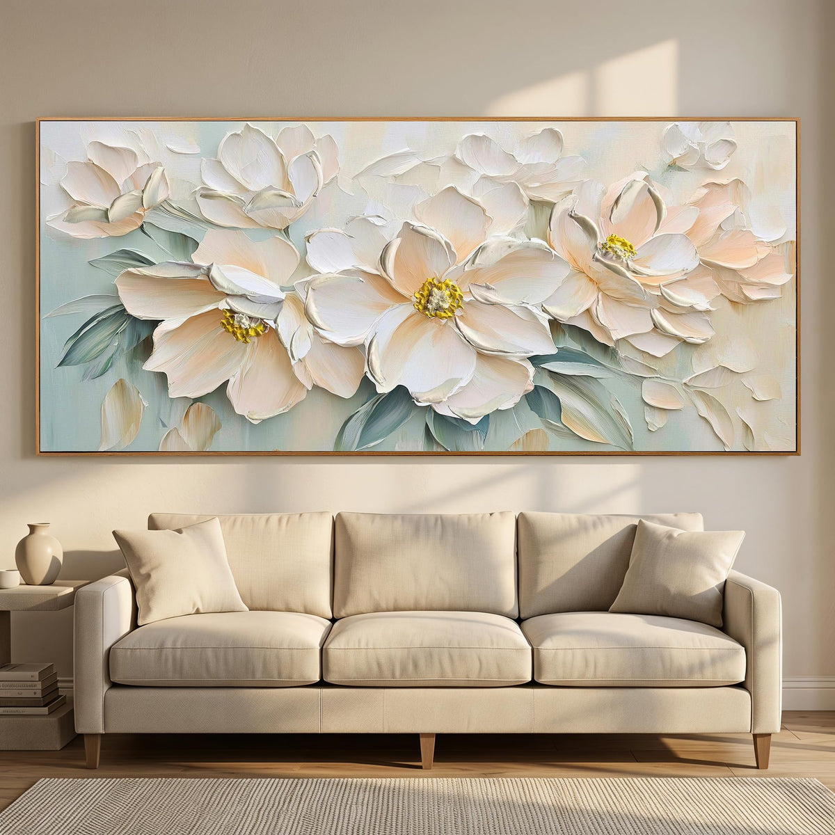Framed White Floral Canvas Wall Art for Living Room Bedroom 71"x32" (Light Pink Florals / Wood Framed / 71"L x 32"W)