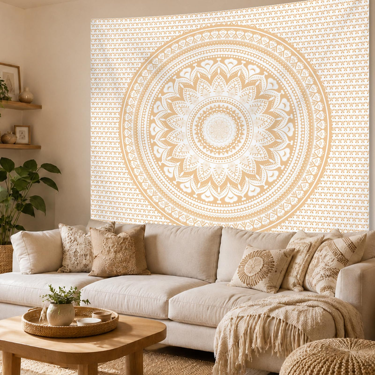 Boho Mandala Wall Tapestry for Bedroom (A-Beige Mandala Tapestry / 79"L x 60"W)