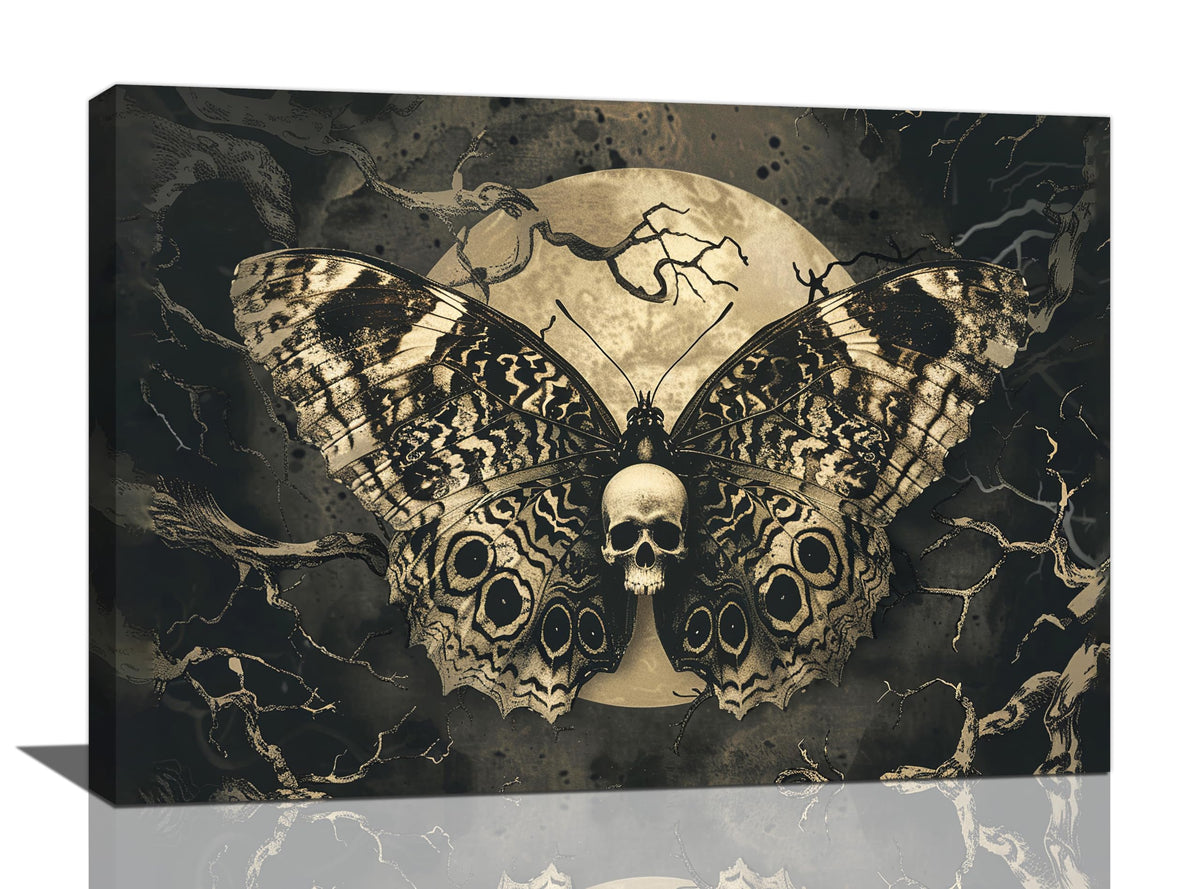 Gothic Skull Wall Art Spooky Skeleton Butterfly Pictures Decor Goth Moon Horror Canvas Painting Home Artwork Decorations for Halloween Bathroom Living Room Bedroom 24x16 inch (24L" x 16W" / Skull Butterfly)