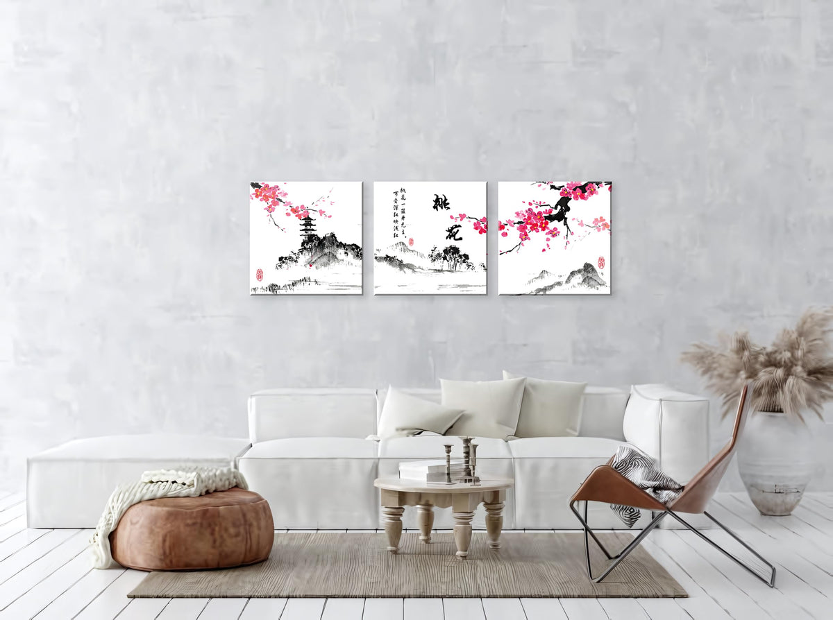 Small Size Traditional Chinese Painting of Peach Blossom Canvas Prints 3 Panels Calligraphy Art Paintings Wall Art Poem Print Painting Framed 20x20inches 3pcs (Peach blossom / 20x20 inches (3 pieces))