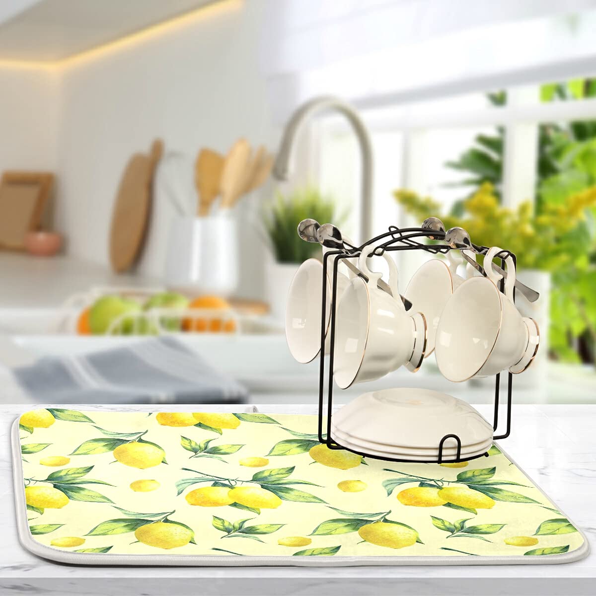 Super Absorbent Dish Drying Mat (Vintage Yellow Lemon With Leaves / 18" x 24")
