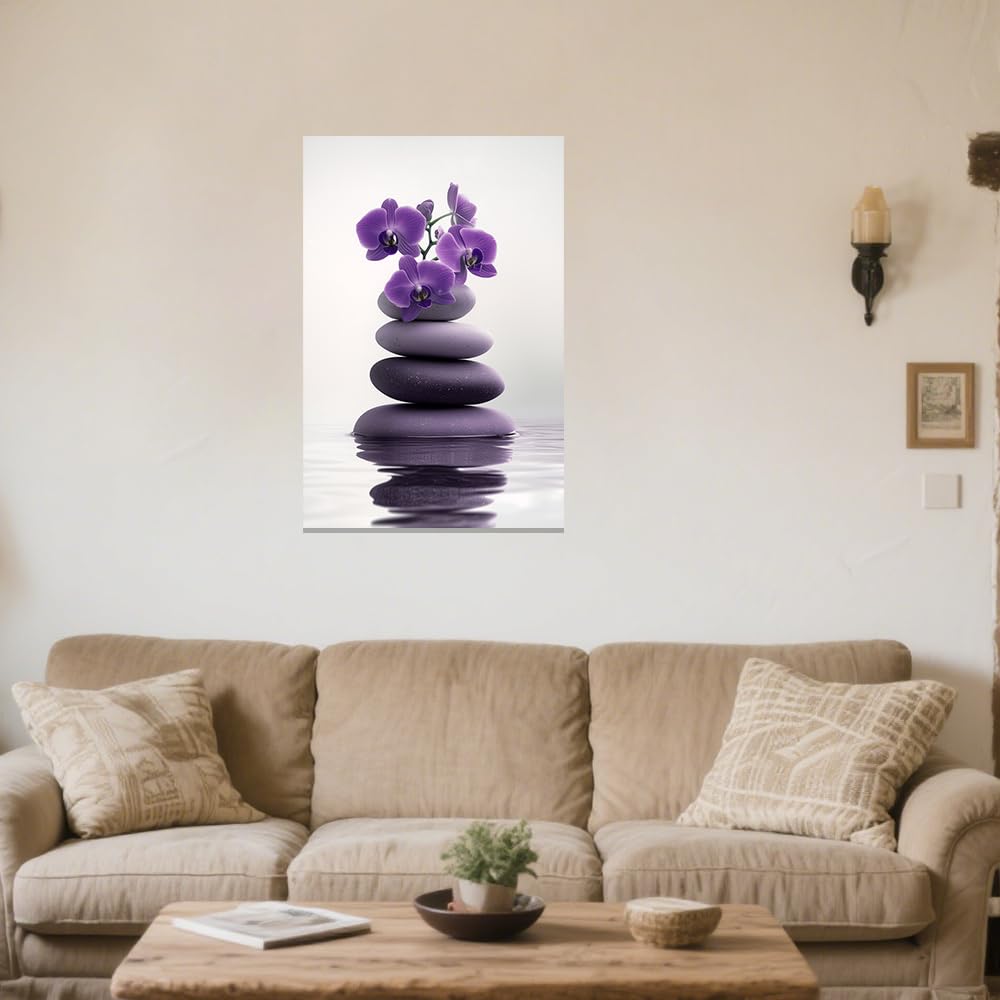 Zen Wall Art Stones Picture Orchid Canvas Painting Purple Zen Water Prints Spa Bathroom Decor Meditation Yoga Room Office Home Framed (Purple / 12" x 18")