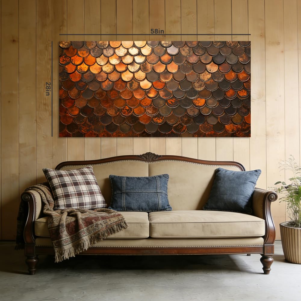 Rustic Copper Scale Canvas Wall Art Abstract Geometric Faux Metallic Texture Painting Flat Print Gallery Wrapped Industrial Artwork for Living Room Bedroom Bathroom Decor (Abstract / Orange Fish Scales 35 / 46"L x 23"W)