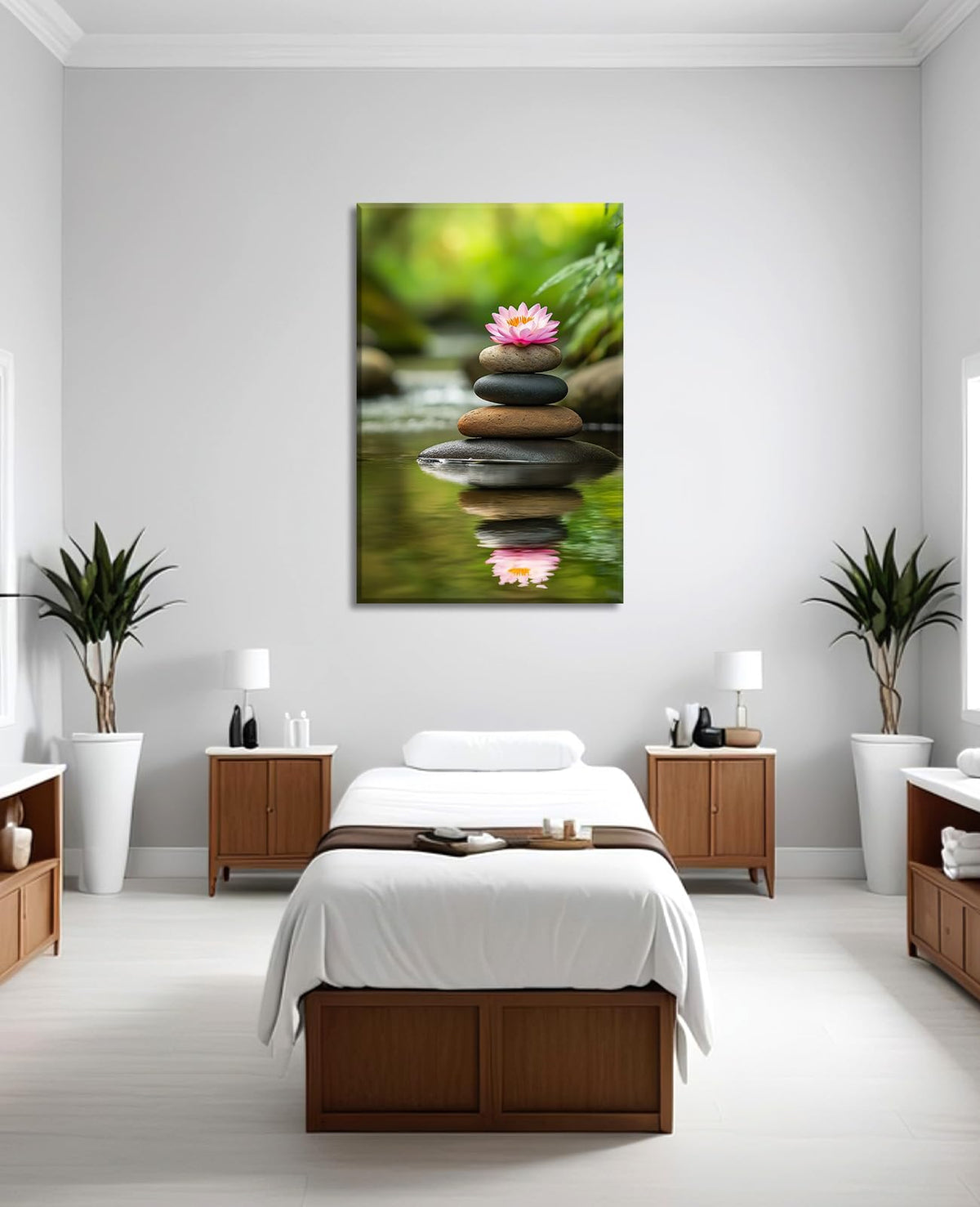 Zen Wall Art Pink Lotus and Spa Stones Picture Meditation Nature Canvas Prints Spiritual Artwork for Bathroom Living Room Office Decor Framed (18"L x 12"W / B - Zen)