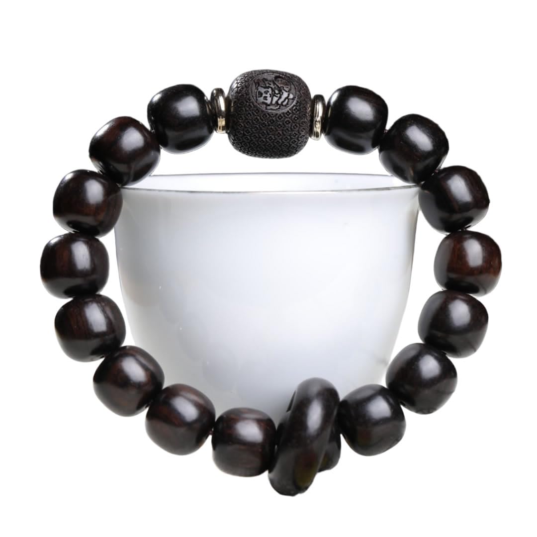 Unisex Natural Ebony Buddhist Prayer Bead Necklace Bracelet Tibetan Prayer Mala Beaded Black (11mmx12mm 16barrel beads)