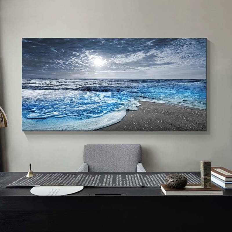 Canvas Wall Art for Bedroom Beach pictures for Living Room Wall Decor Blue Poster Ocean Decor Large Size Seascape Paintings Prints Office Artwork Framed Kitchen Decorations 24x48 (beach blue / 48"L x 24"W)