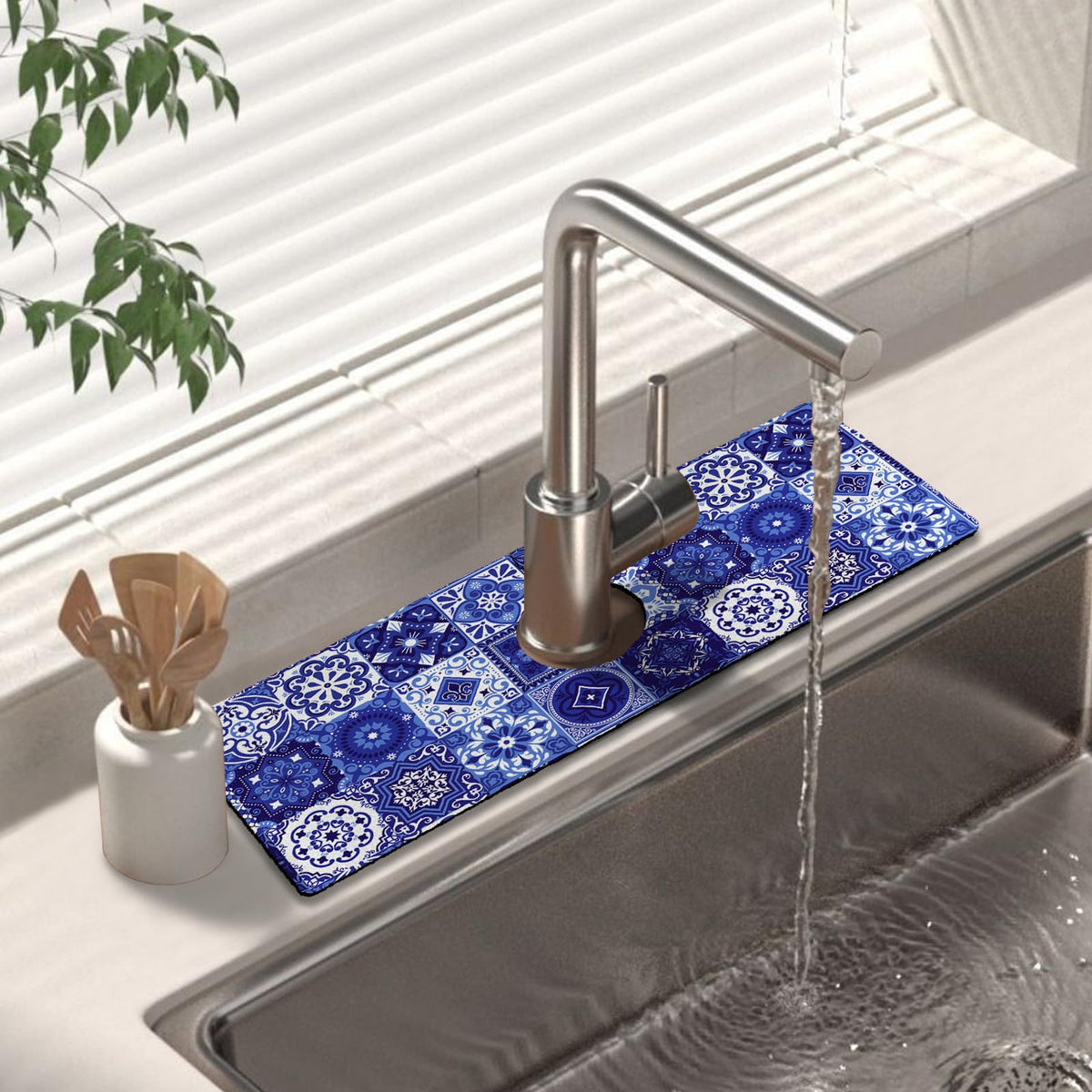 Kitchen Sink Splash Guard Faucet Mat 15" X 5.5" Talavera Mexican Tiles Absorbent Fast Drying Mat Faucet Draining Mat Sink Splash Guard Behind Faucet Drip Catcher for Kitchen Bathroom (15*5.5in / tile02)