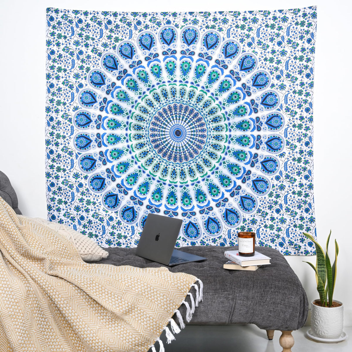 Peacock Tapestry Cotton Wall Hanging Hippy Tapestries Hippie Beach Throw College Dorm Decor Bohemian Boho Bedsheet 50 x 60 Inches (Sky Blue / 60"L x 50"W)
