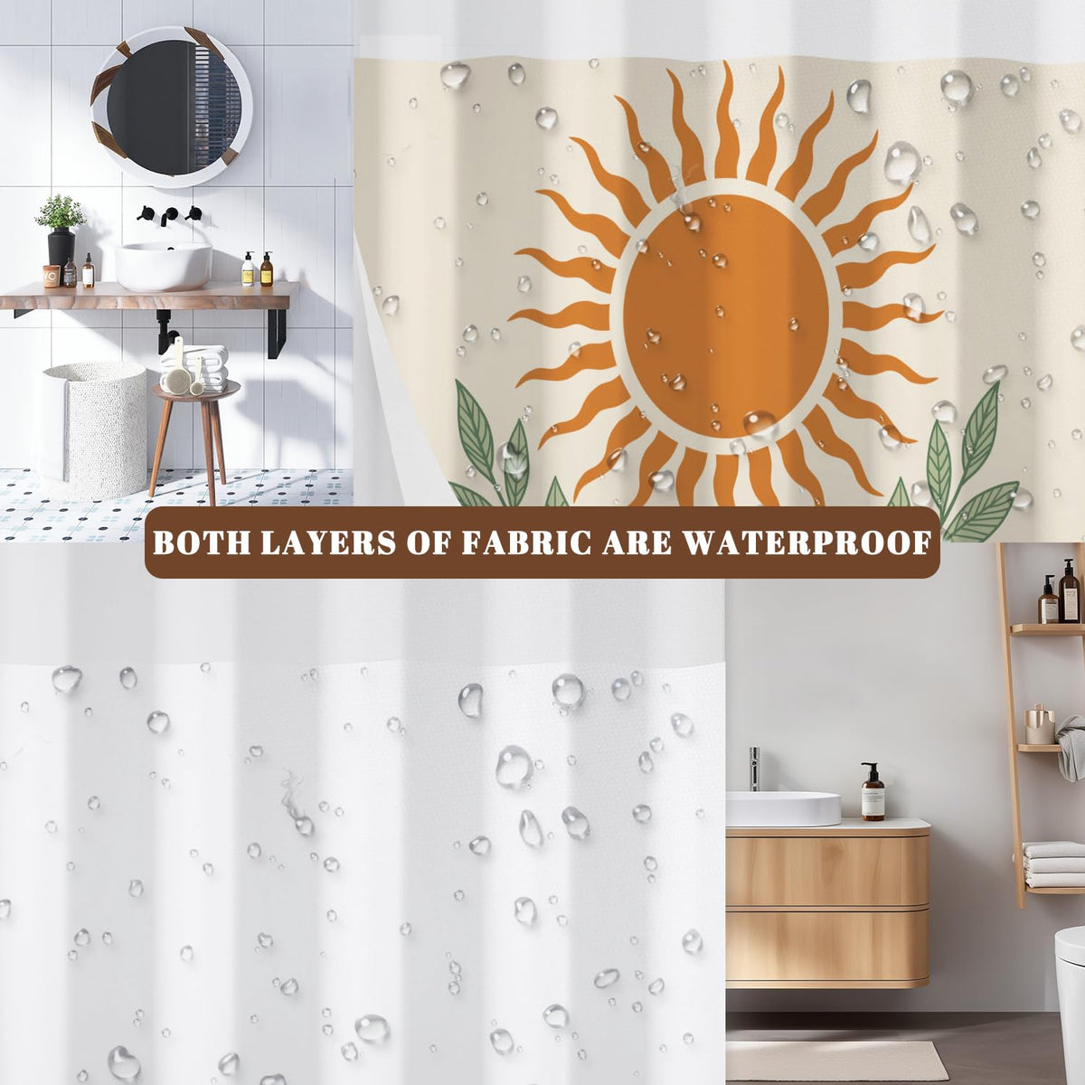 No Hook Boho Shower Curtain with Snap in Removable Liner (Sun and Leaf)