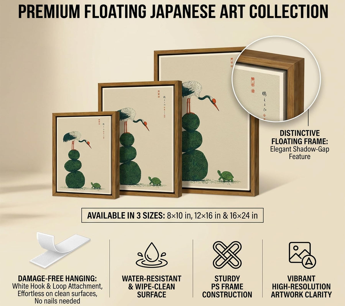 Floating Framed Crane And Turtle Canvas Wall Art (Crane and Turtle / 24L"x16W")