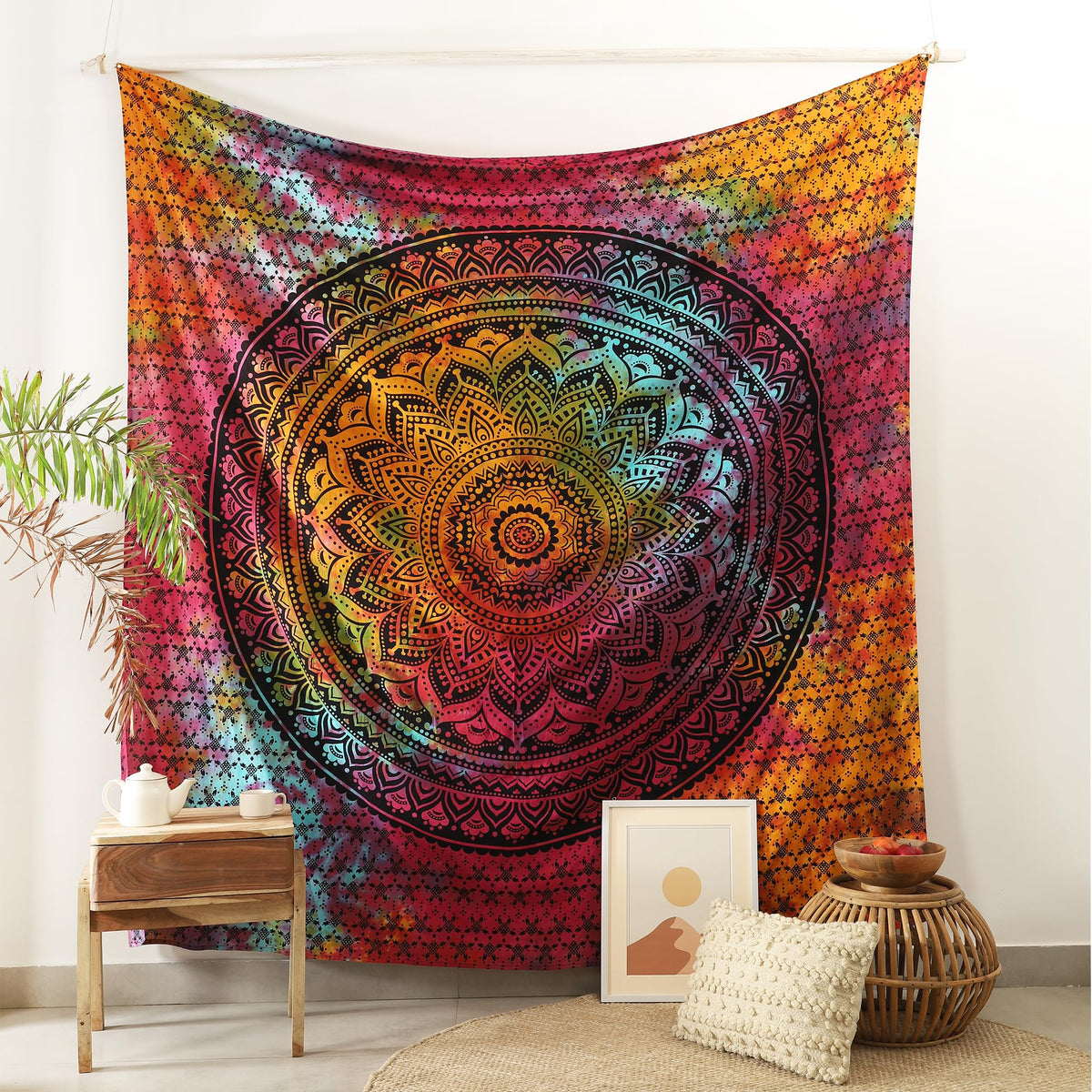 Queen Mandala Hippie hippy Tie Dye Psychedelic Ombre Tapestry Wall Hanging (88"L x 81"W / Black Multicolor)