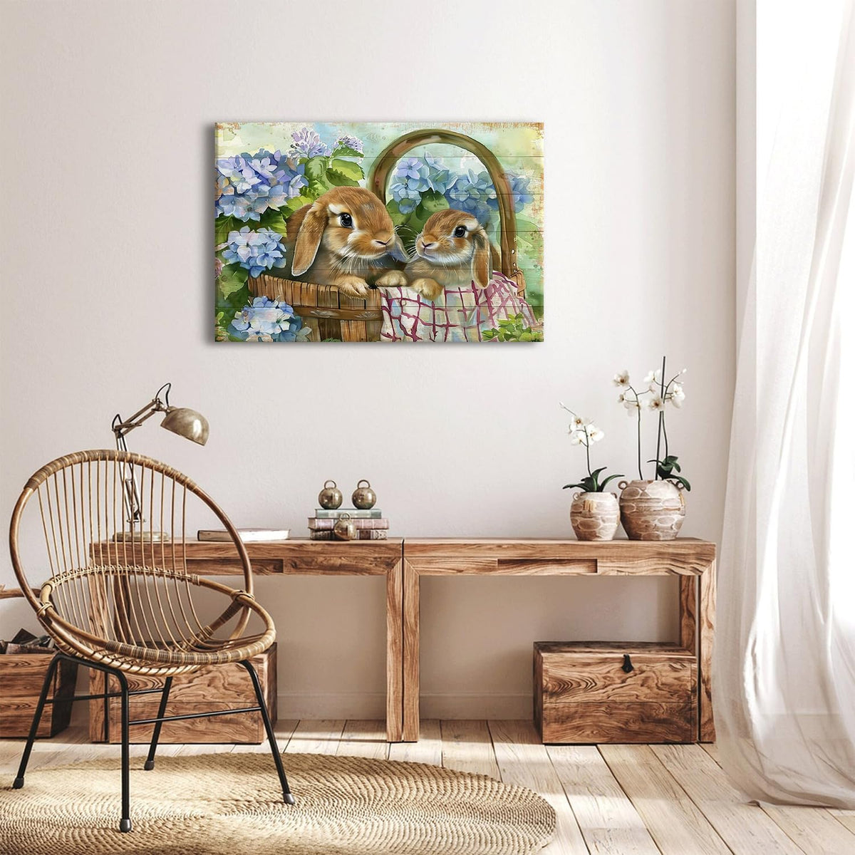 Farmhouse Canvas Wall Art Rabbit Pictures Easter Wall Decor for Bedroom Funny Bunny Painting Blue Flowers Poster Vintage Wood Grain Prints Artwork Kitchen Living Room Home Decoration 24x36" (36"L x 24"W / Rabbit)
