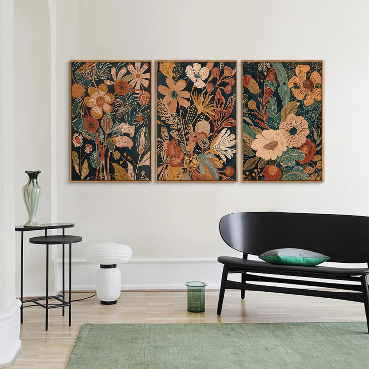 Vintage Burnt Orange Floral Framed Canvas Wall Art Set of 3 (Boho Flower / 24"L x 16"W)