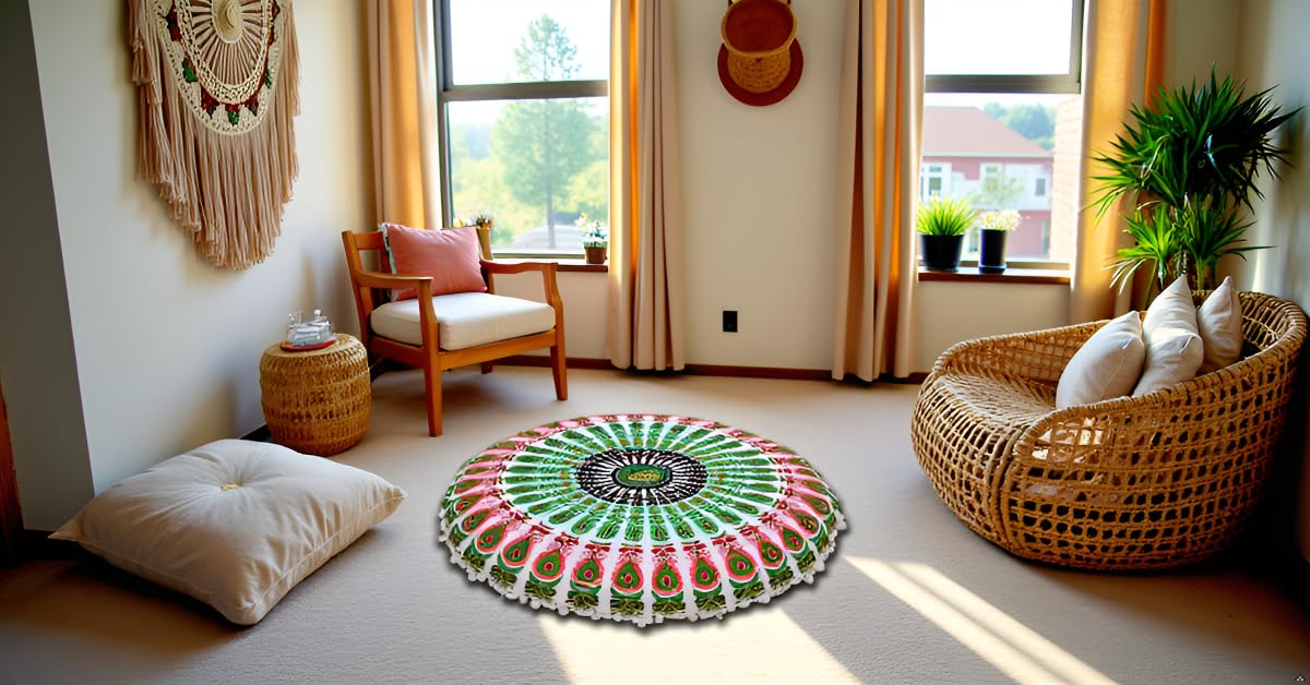 Large Round seat Floor Cushion Chair Ottoman Cover Pouf Pillow Meditation Floor Cushions for Adults Seating pouffe Ottoman Throw Covers Craft Room Furniture Sitting Cover 22 Inches Green White (Green White)
