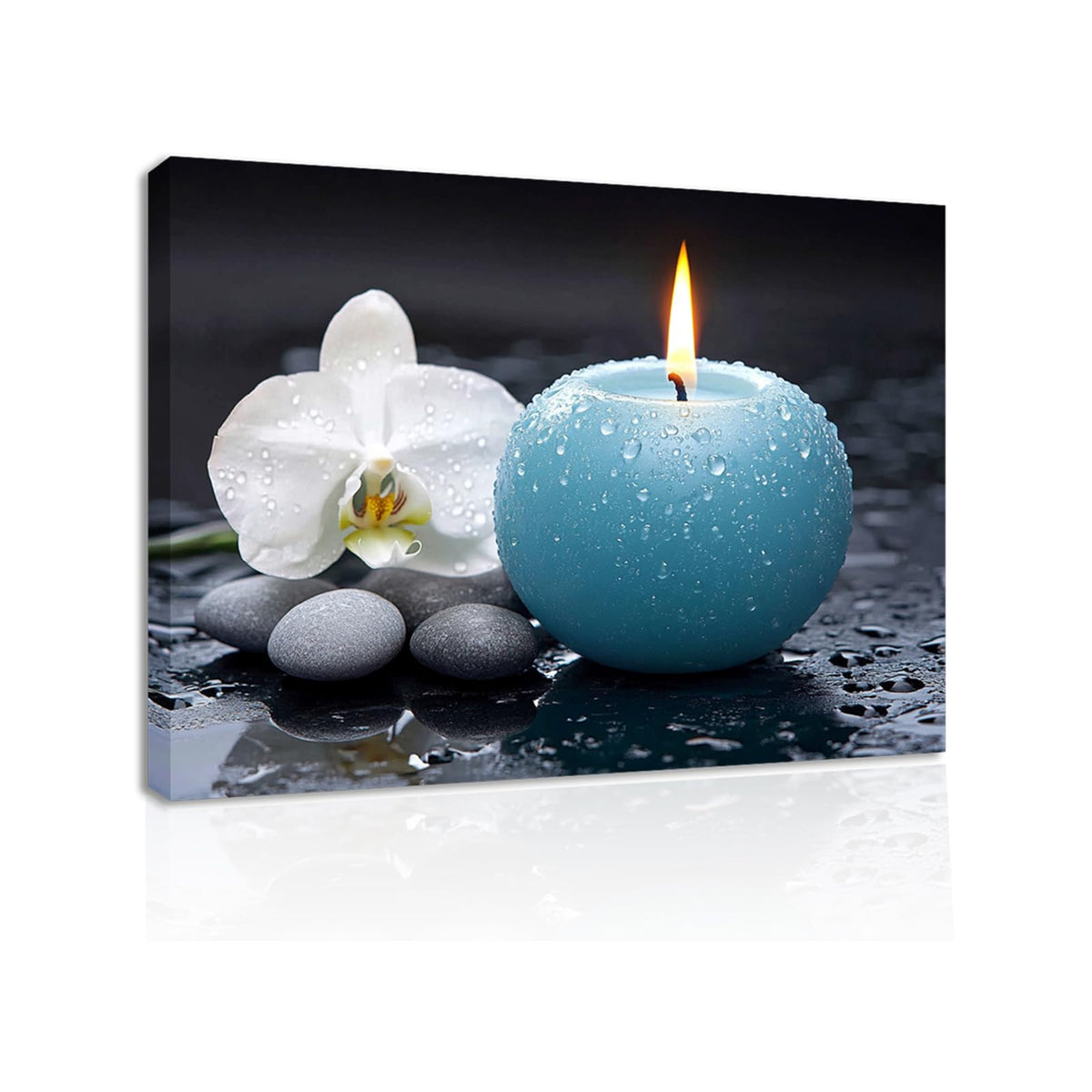 Zen Canvas Wall Art Blue Candle with White Orchid Picture Painting Framed Artwork Poster for Yoga Meditation Room Spa Bathroom Decor (WE000050-3 / 18"L x 12"W)