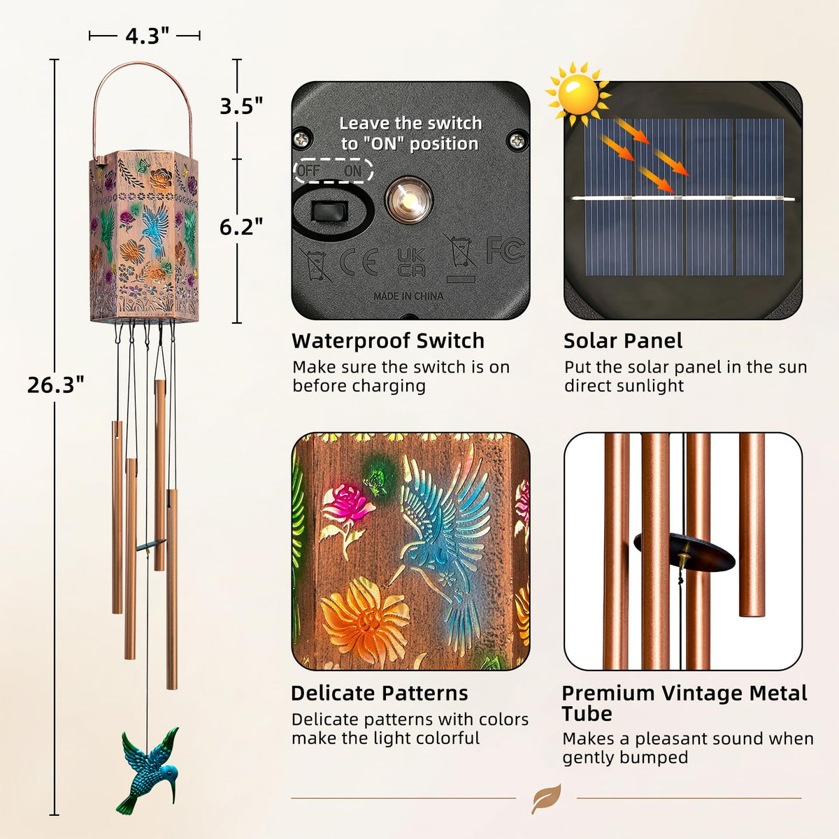 Hummingbird Solar Wind Chimes for Outside (Hummingbird)