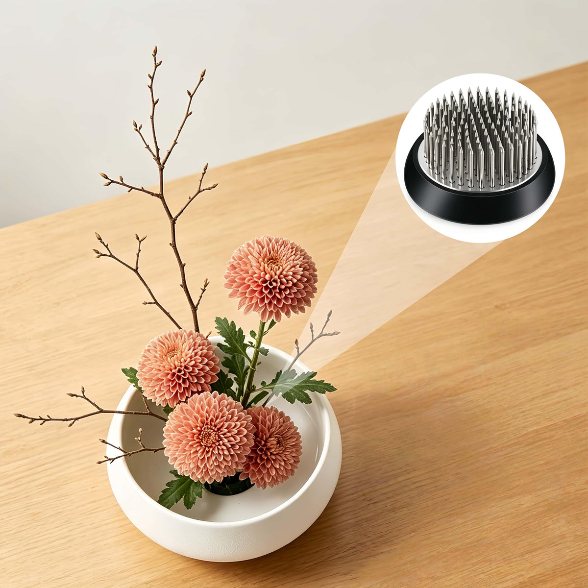 Ikebana vase kit Ceramic Flower Frog Set Kenzan Flower Shallow Bowl Flower Arrangement Kit Zen Decor for Home Office (White Small)