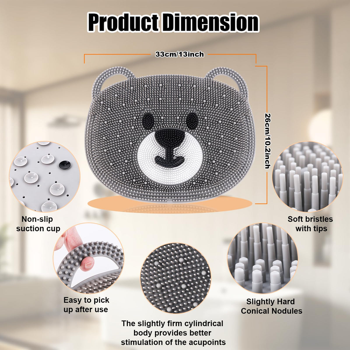 Silicone Shower Foot Scrubber Mat with Non (Grey Bear)