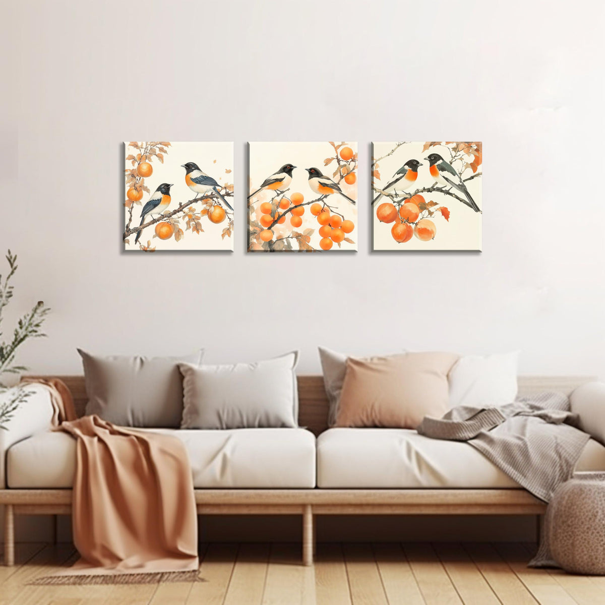 3PCS Vintage Style Watercolor Birds Orange Fruits Canvas Wall Art Botanical Autum Natural Scene Artwork for Living Room Bedroom Office Calming Wildlife and Fruit Branch Framed Canvas Prints (Birds Orange Fruits / 12x12 inches (3 pieces))