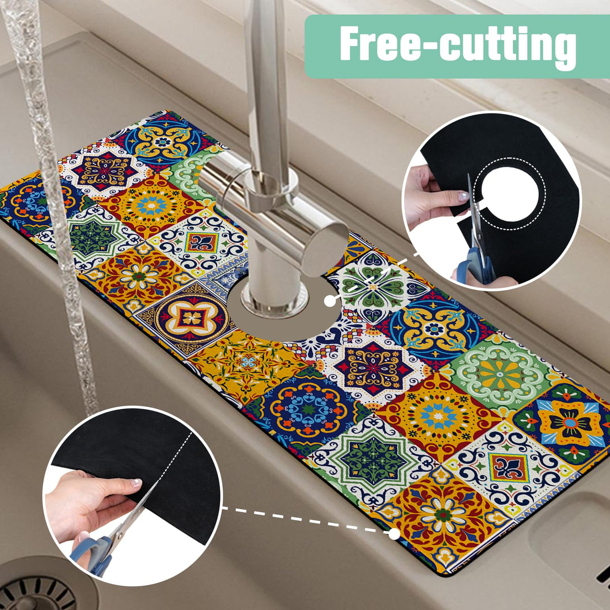 Kitchen Sink Splash Guard Faucet Mat 15" X 5.5" Talavera Mexican Tiles Absorbent Fast Drying Mat Faucet Draining Mat Sink Splash Guard Behind Faucet Drip Catcher for Kitchen Bathroom (15*5.5in / tile01)