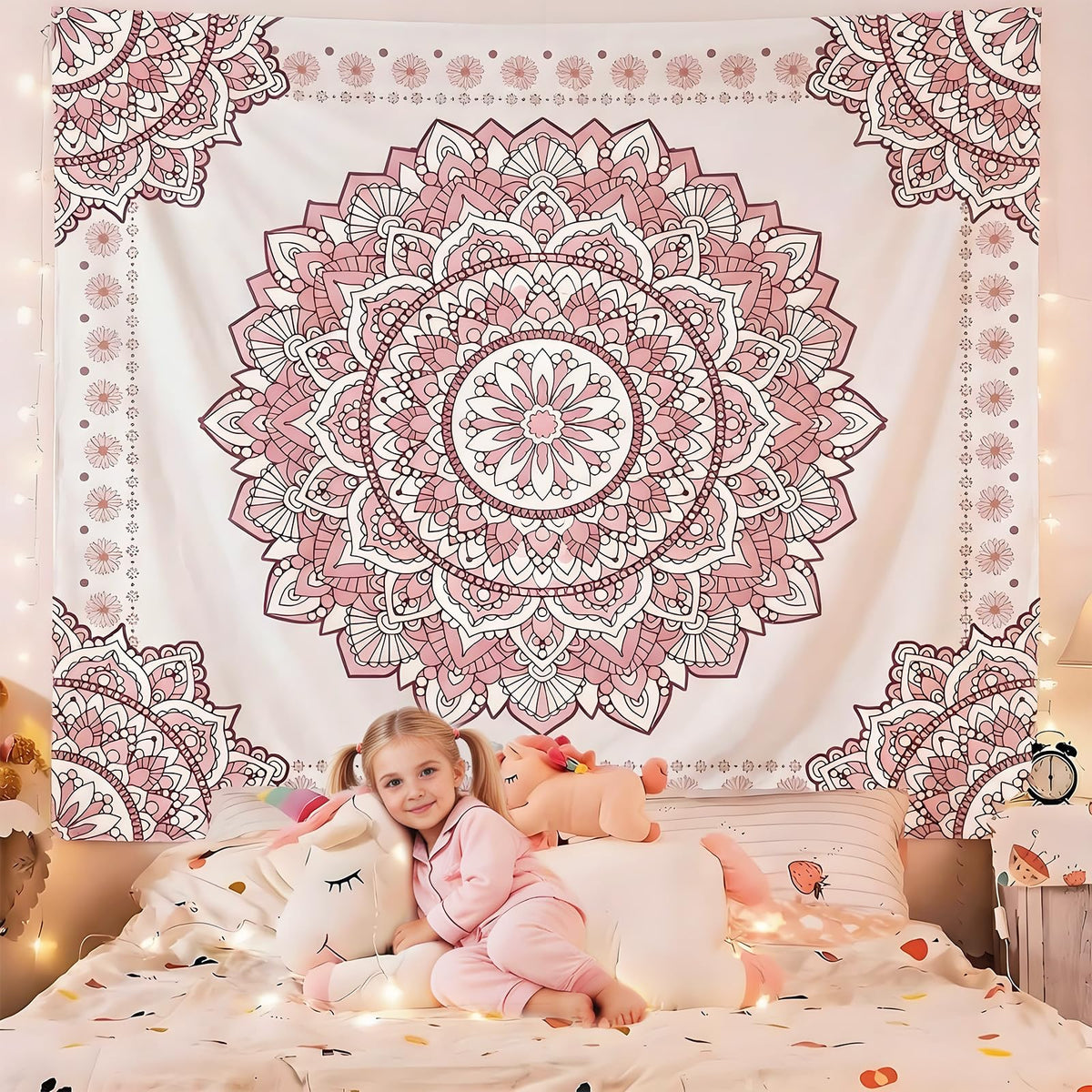 Pink Mandala Tapestry for Bedroom Aesthetic (A Pink Mandala Tapestry / 79"L x 60"W)