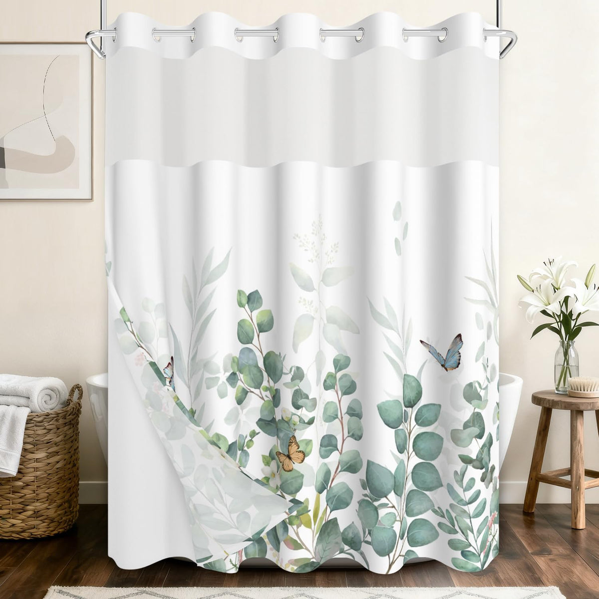 No Hook Shower Curtain and Liner Set (Botanical-6)