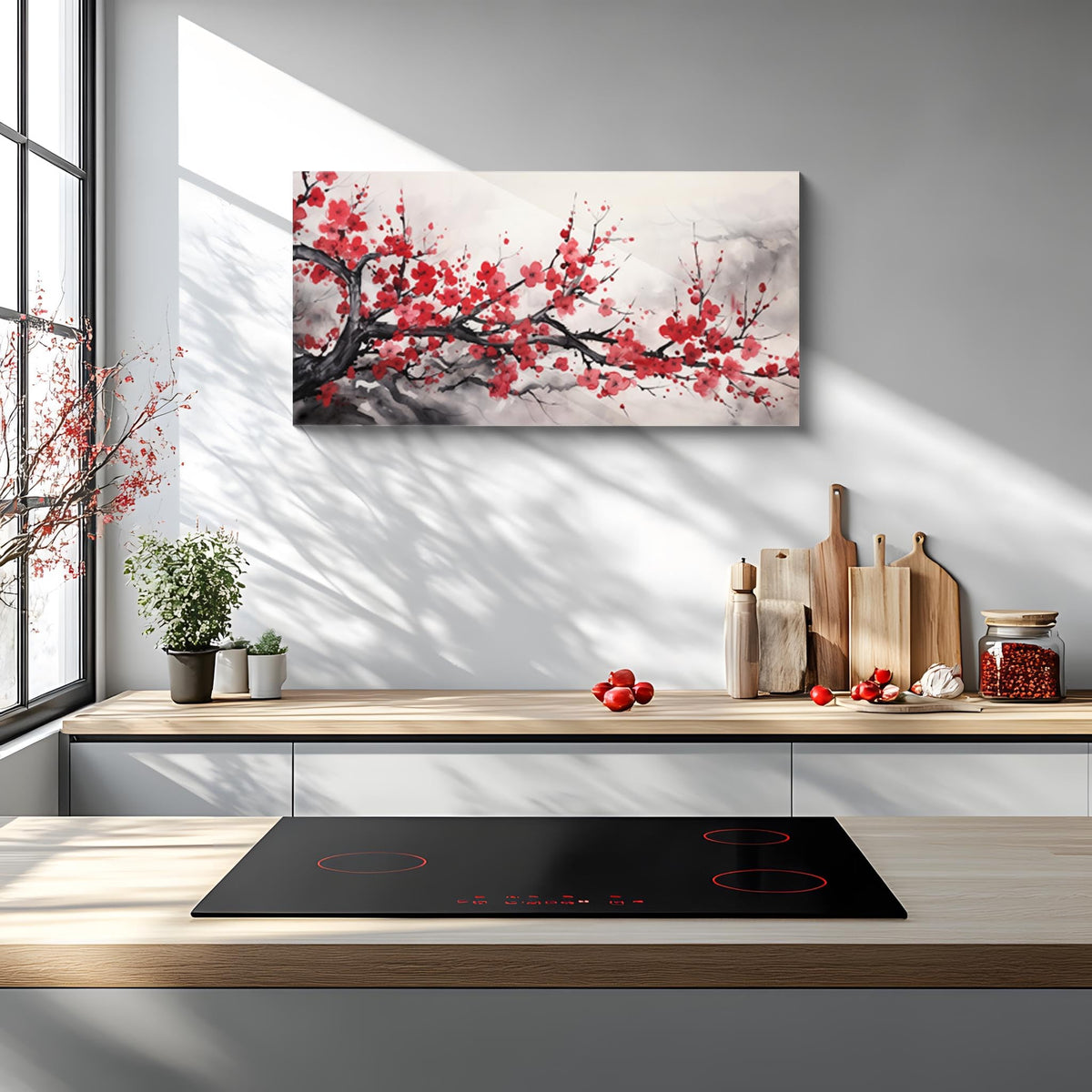 Asian Wall Art Traditional Chinese Decor Oriental Red Cherry Plum Blossom Canvas Pictures for Wall Decor for Living Room Landscape Artwork Framed Ready to Hang (Red-One Piece-1 / 32"L x 16"W)