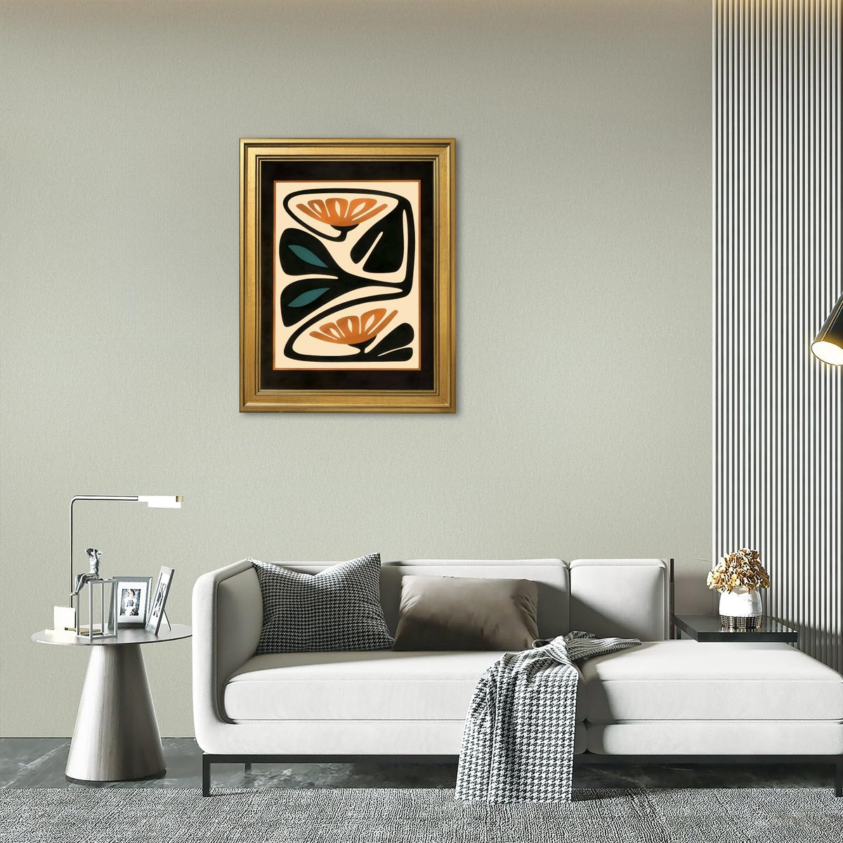 Framed Mid Century Modern Floral Wall Art Canvas Print Abstract Retro Flower Pictures Wall Decor Burnt Orange Teal Botanical Poster Contemporary Artwork for Living Room Bedroom Office 12x16inch Gold (12"L x 16"W / Style-4 Retro Gold Frame)