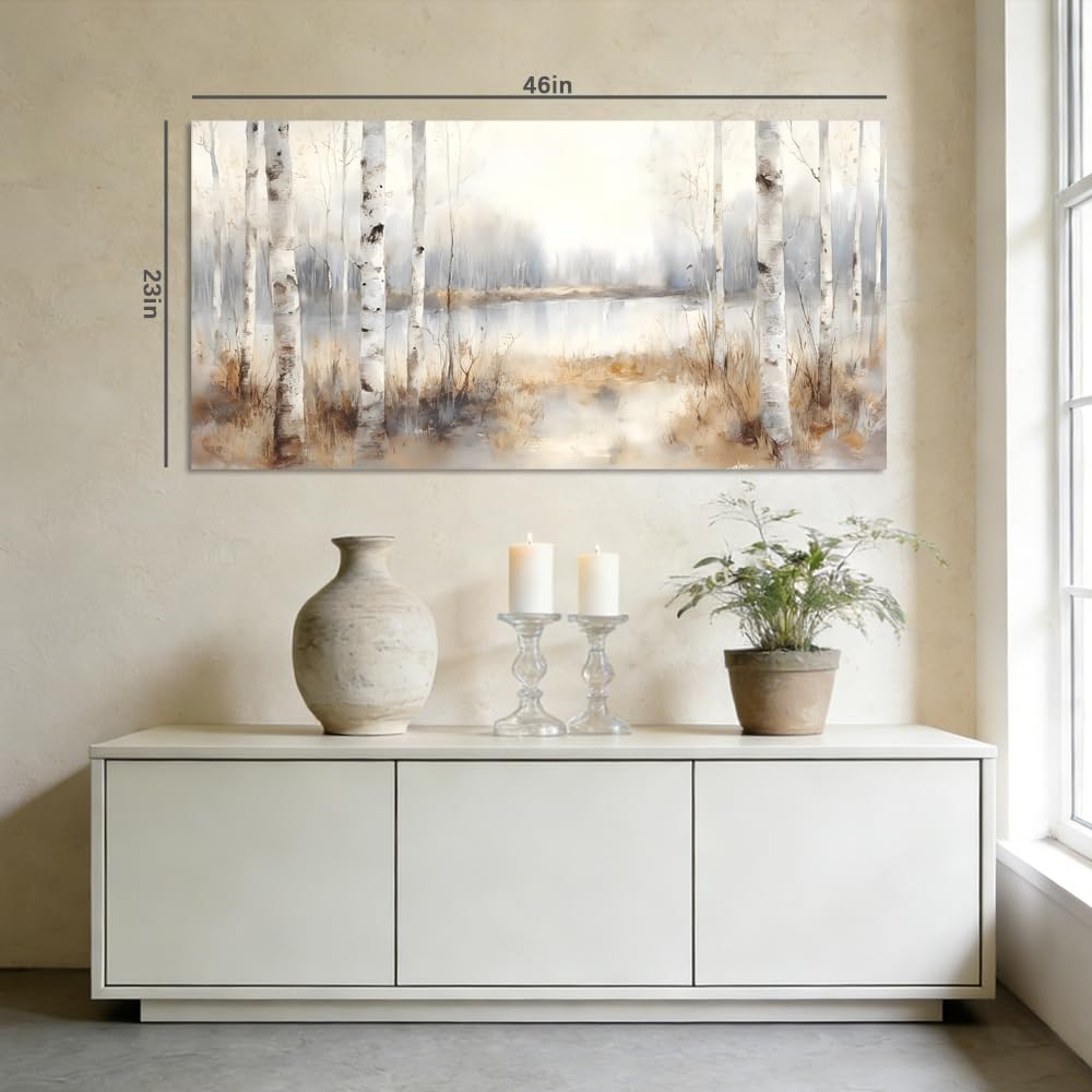 Misty Birch Tree Forest Canvas Wall Art Watercolor Lake Landscape Painting Flat Print Gallery Wrapped Nature Artwork for Living Room Bedroom Bathroom Decor (Mysterious / White Birch Forest 20 / 46"L x 23"W)