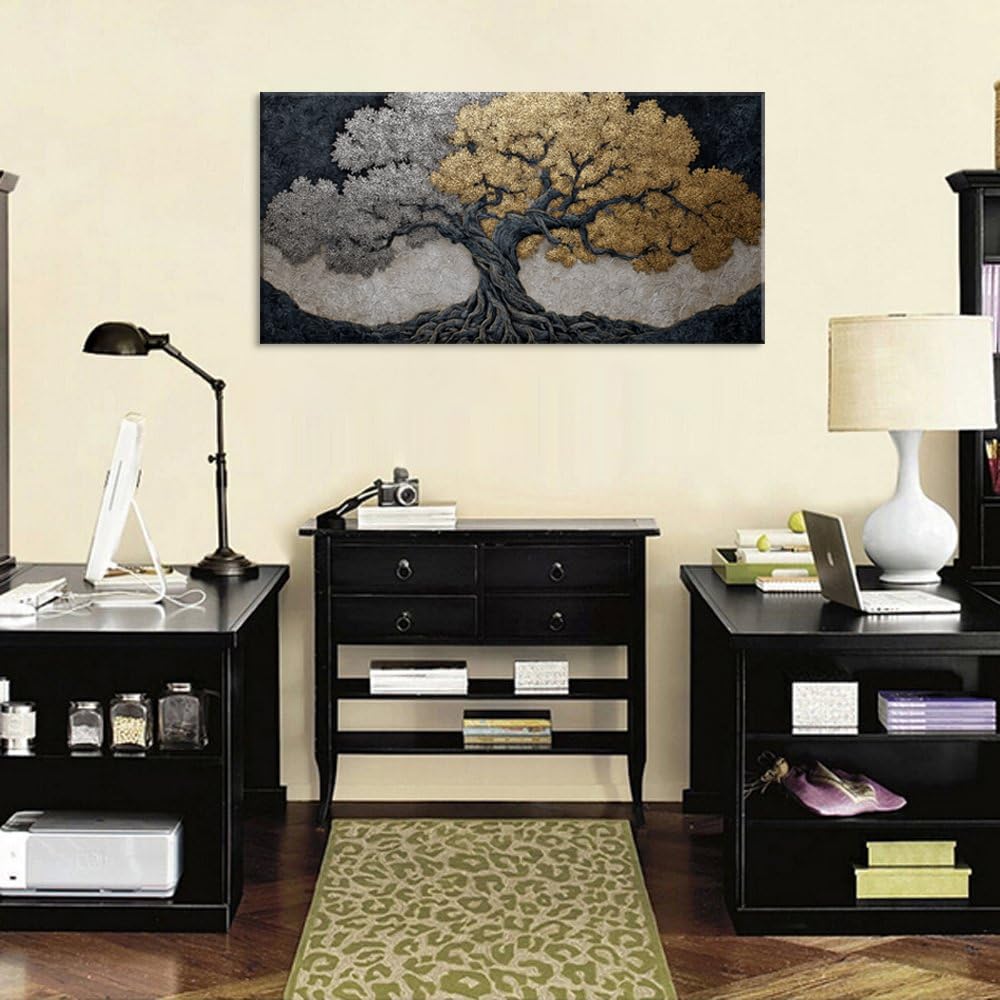 Gold Tree Wall Art for Living Room Office Symbolic dichotomy Metallic Tree of life Painting Prints Modern Abstract Canvas Artwork Dining Bedroom Decor Extra Large (Modern / Silver Gold Tree of life Wall Art / 58L" x 28W")