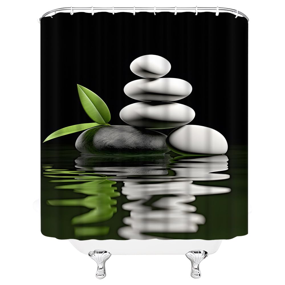 Spa Shower Curtain Water Stone Leaf Garden Japanese Asian Nature Black White Green Bathroom Home Curtain Decor with Hooks (Black White Green / 70"W x 70"L (Pack of 1))