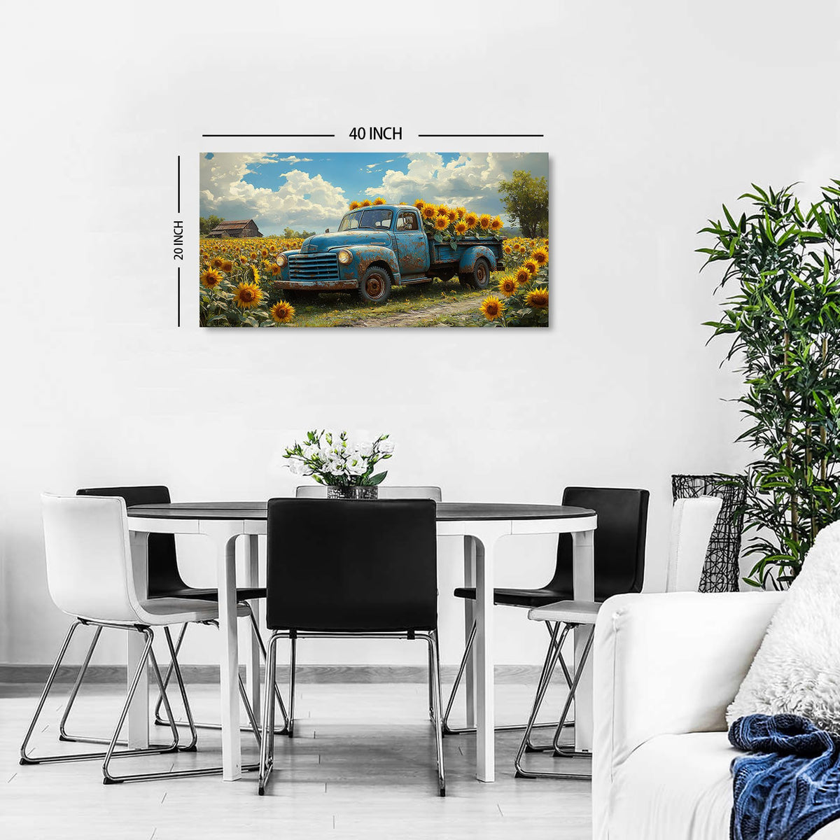 Sunflower Pictures Wall Decor Farmhouse Barn Truck Wall Art Sunflower Field Canvas Prints for Bedroom Bathroom Vintage Yellow Flowers Landscape Painting Artwork for Living Room Home Decorations 20x40" (40"L x 20"W / Sunflower)