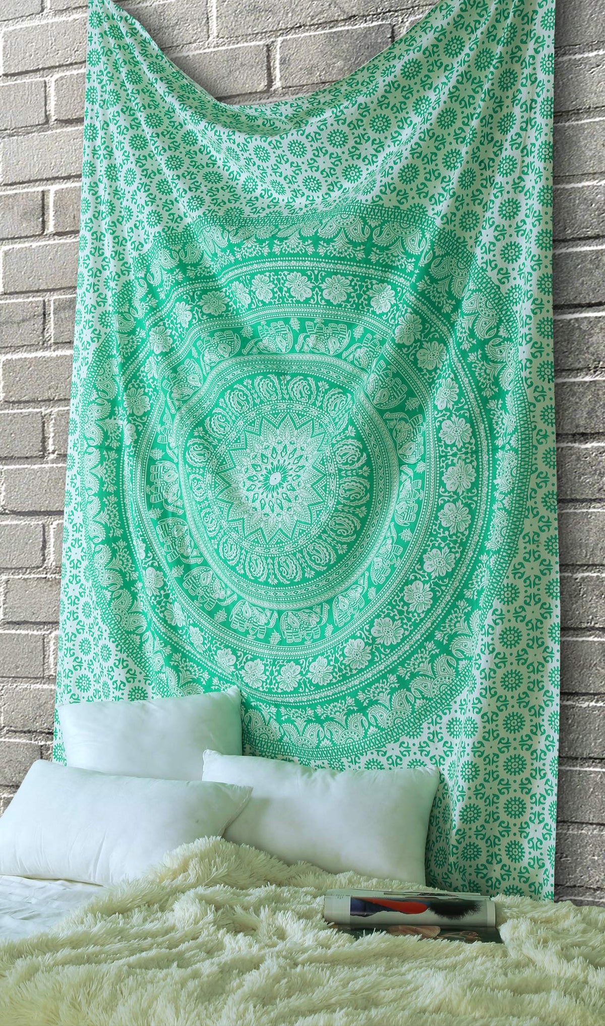 Mandala Tapestry Wall Hanging Boho Room Decoration Hippie Indian Art Bohemian Decor Trippy Cotton Elephant Meditation Yoga Tapestries Green (Green / 84.3"L x 54.3"W)