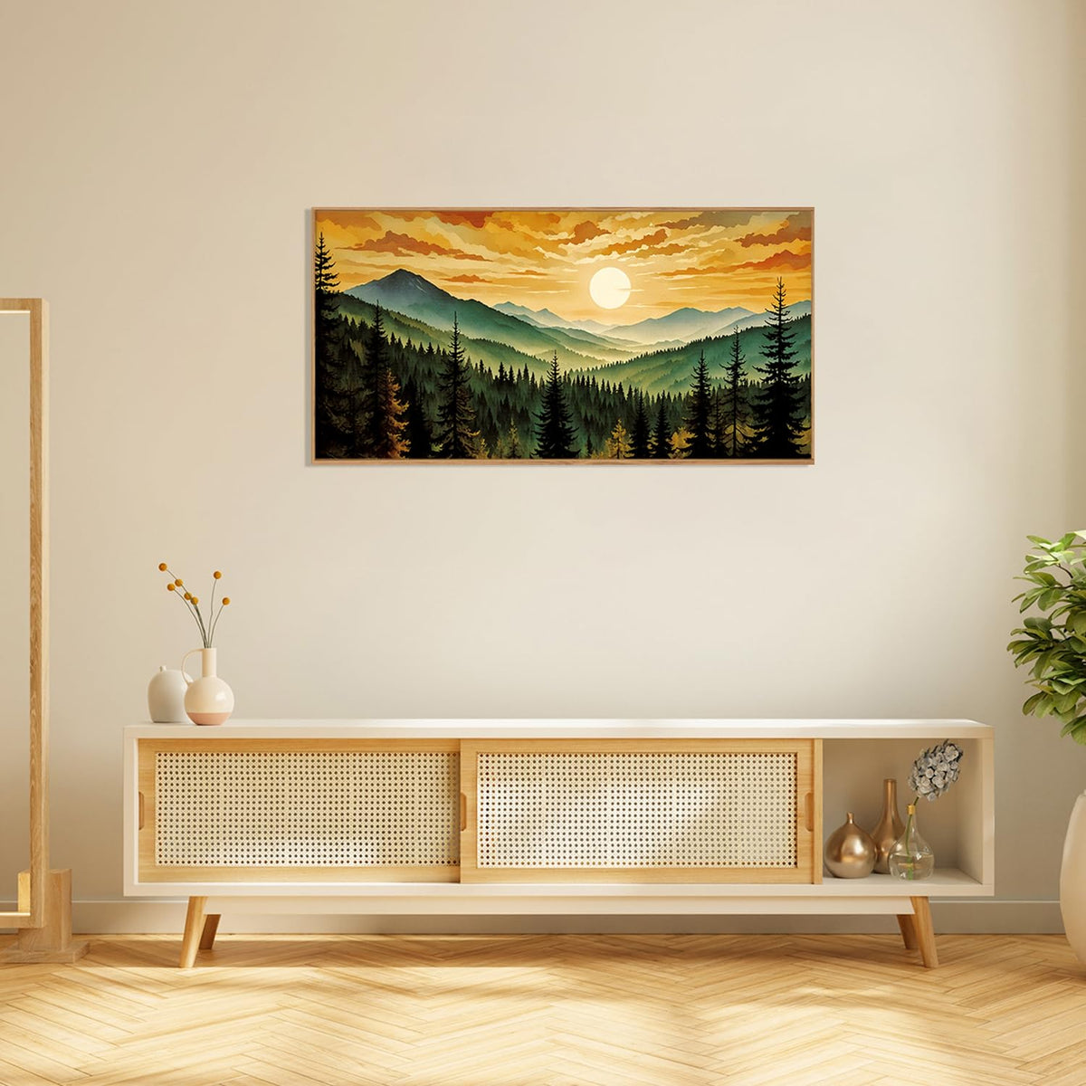 Large Boho Sunset Mountain Framed Canvas Wall Art (Sunset Forest Mountain Wall Art / 40"L x 20"W)