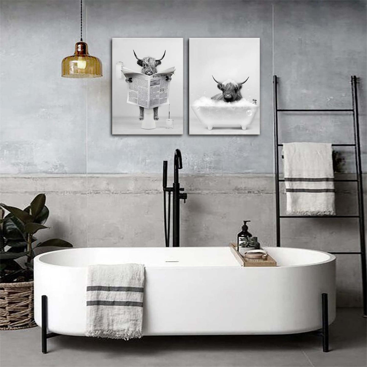 Funny Highland Cow Bathroom Wall Art Farmhouse Animal Canvas Prints Decor (cow wall art / 24"L x 16"W)